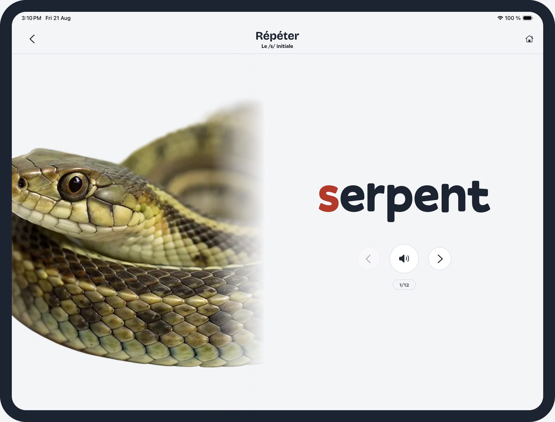 L’écran Répéter d’Articule avec moi sur iPad : le mot « serpent » avec le S coloré en rouge, à côté d’une grande photographie de serpent.