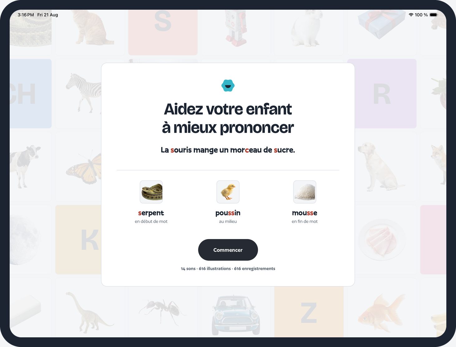 L’écran de premier lancement d’Articule avec moi, posé sur une mosaïque d’illustrations du catalogue.